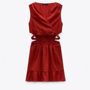 NWT Zara Terracotta Cotton Sleeveless Eyelet Cutout Mini Ruffle Dress | XS